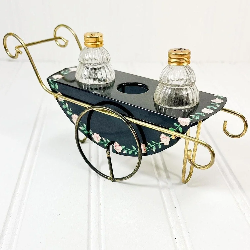 Antique Crystal Glass & Brass Shaker Set: Vintage Metal Cart‎